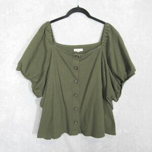 Madewell Top Women's 3X Olive Green Button Jacquard Square Neck Puff Sleeve